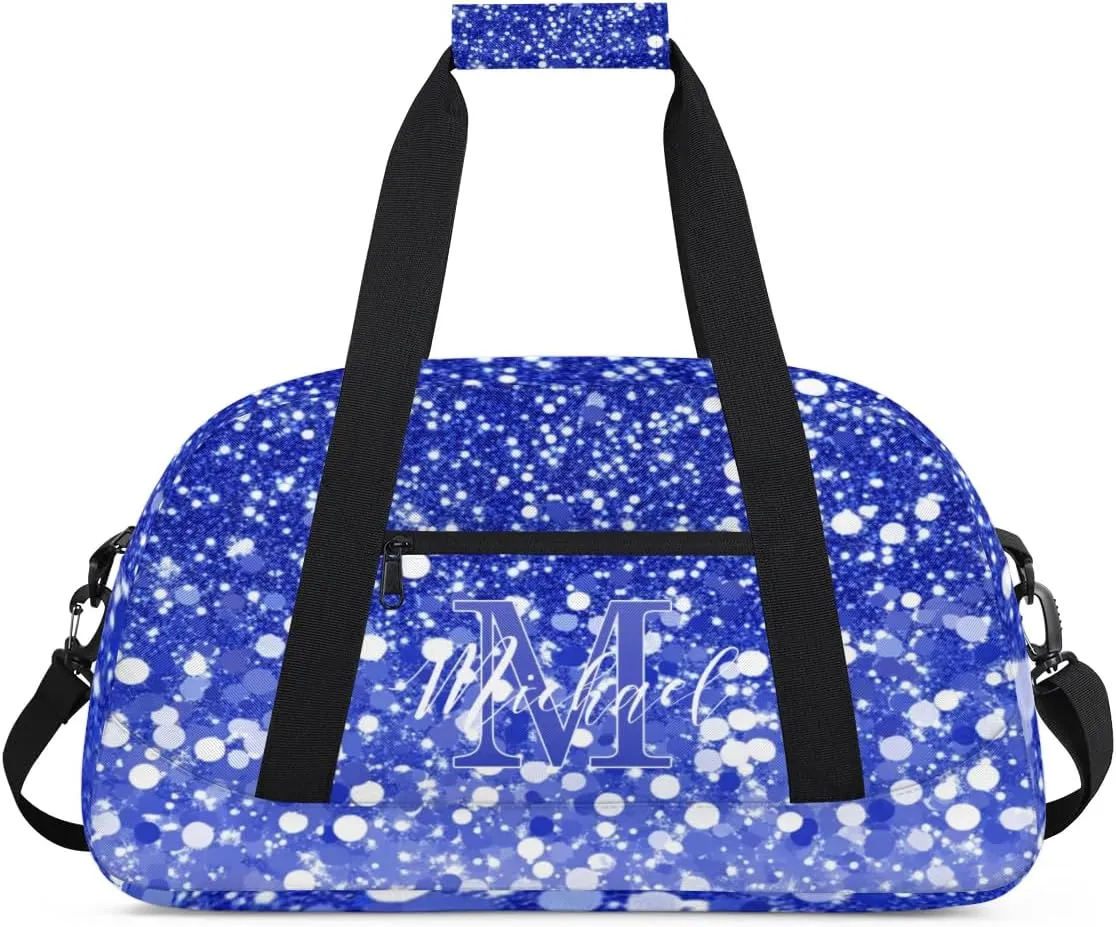 Personalized Gym Duffle Bag, Customized Initial Sports Duffle Bag for Travel, Lightweight Weekend Overnight Bag for Women, Dark Blue Glitter