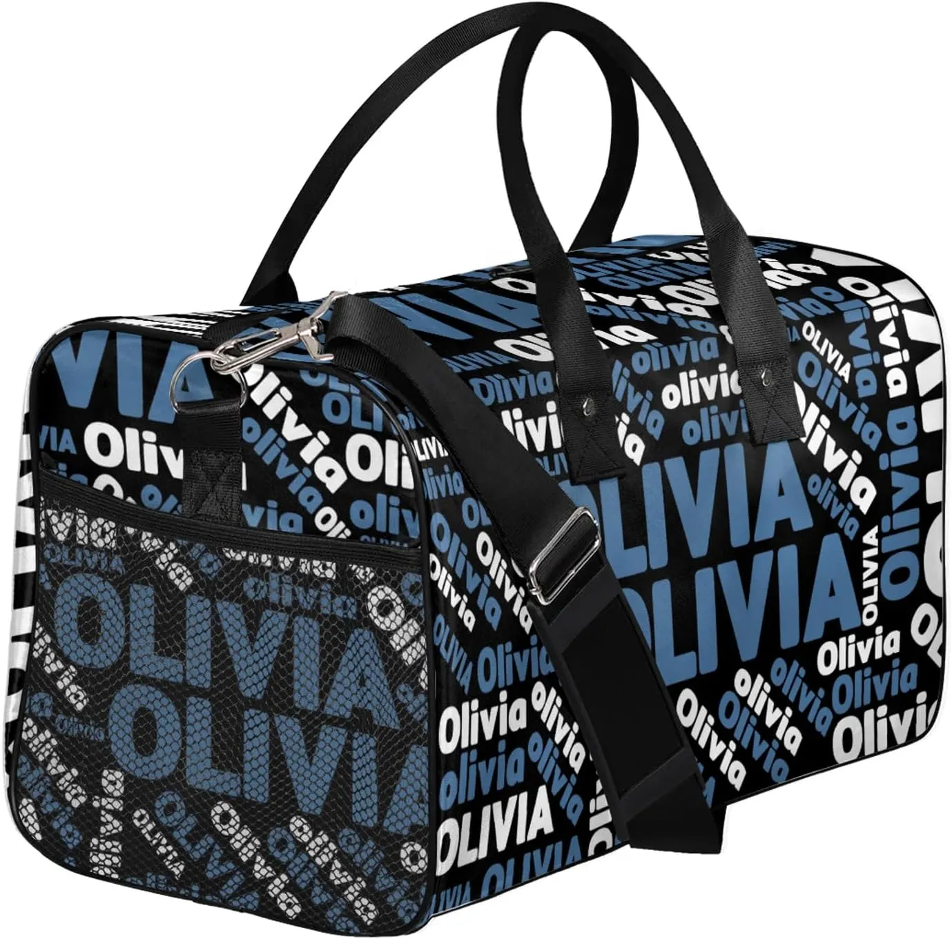 Personalized Gym Sport Duffel Bag with Name Custom Travel Overnight Bag Waterproof Customized Dance Bag Carry-On Tote 17.4in, Blue Black