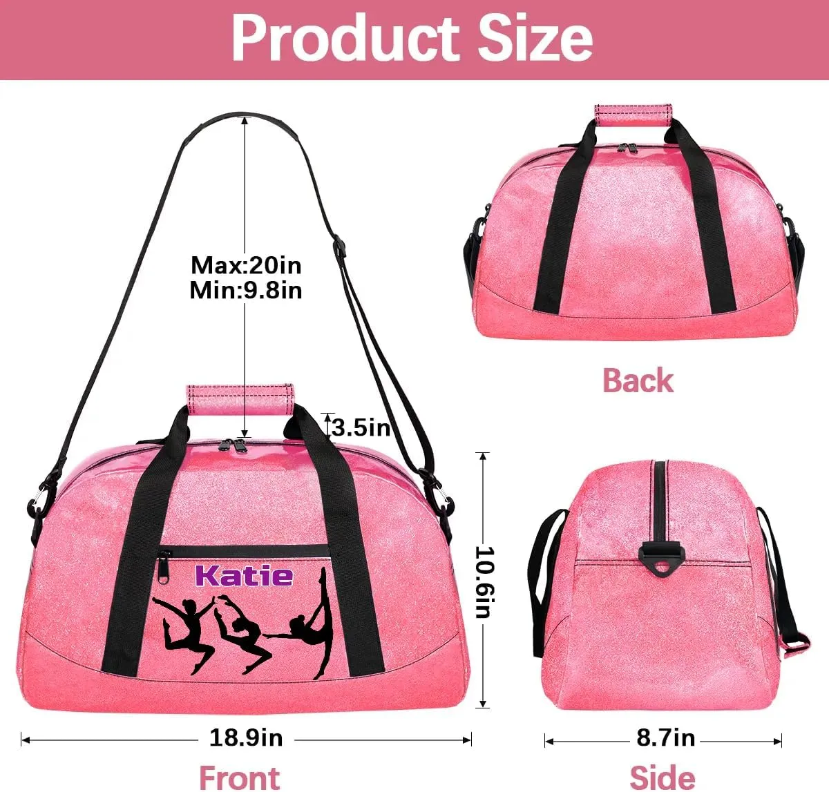 Personalized Gymnast Gym Bag for Girl, Named Sport Duffel Bag Dance Bag Customized Travel Duffle Bag with Name Overnight Weekender Bag Perform Cheer Bag, Black Gymnast Silhouette