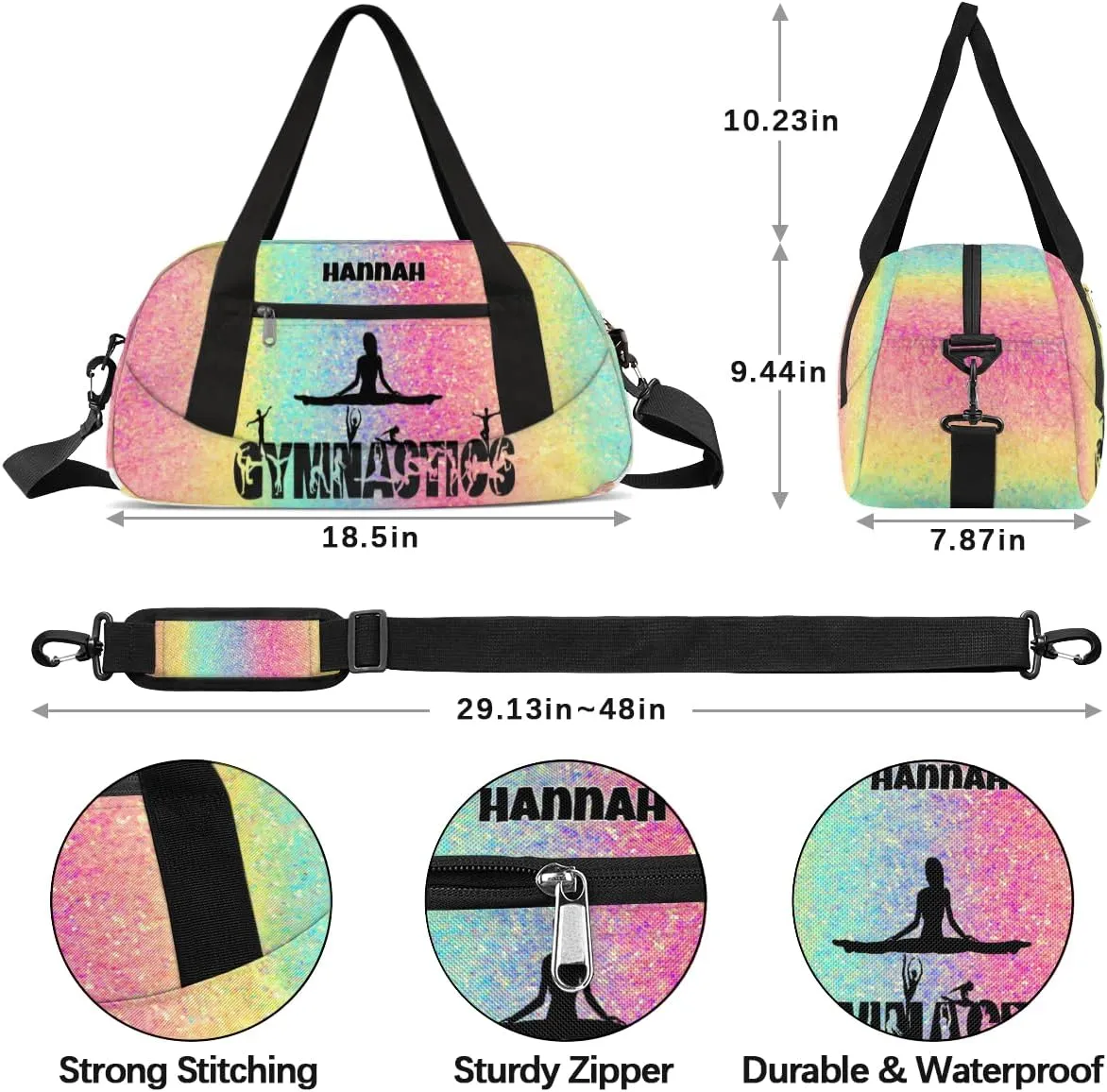 Personalized Gymnastics Bag for Girls, Custom Name Carry On Weekender Gymnastics Dance Bag for Women Travel Business Trip, Colorful Glitters Sequins Pink Yellow