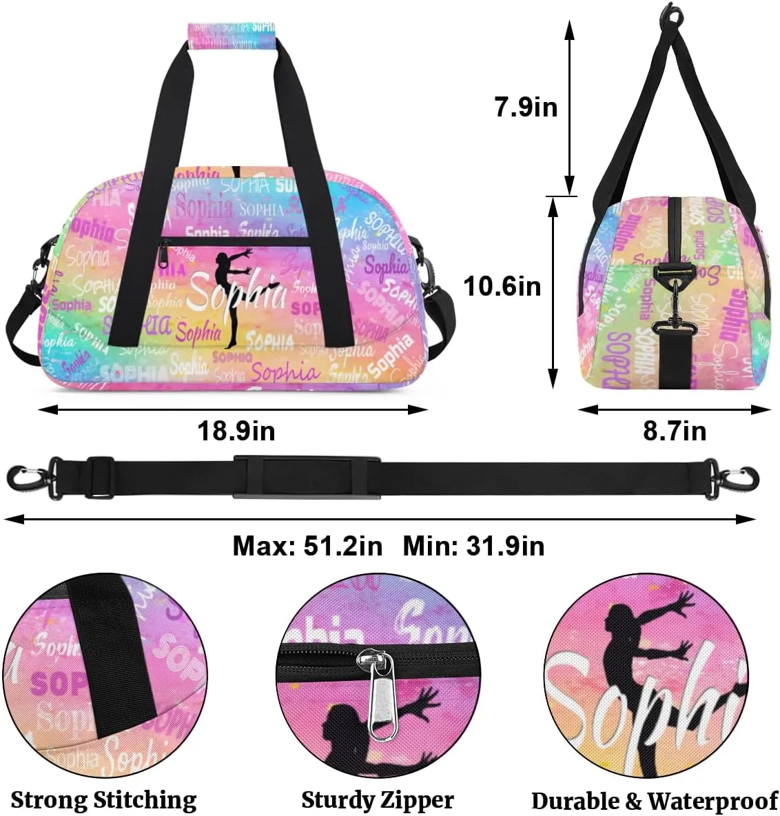 Personalized Gymnastics Bag for Girls with Name, Custom Carry On Weekender Gymnastics Dance Bag for Women Travel Business Trip, Painted Colorful Rainbow Abstract Art Background