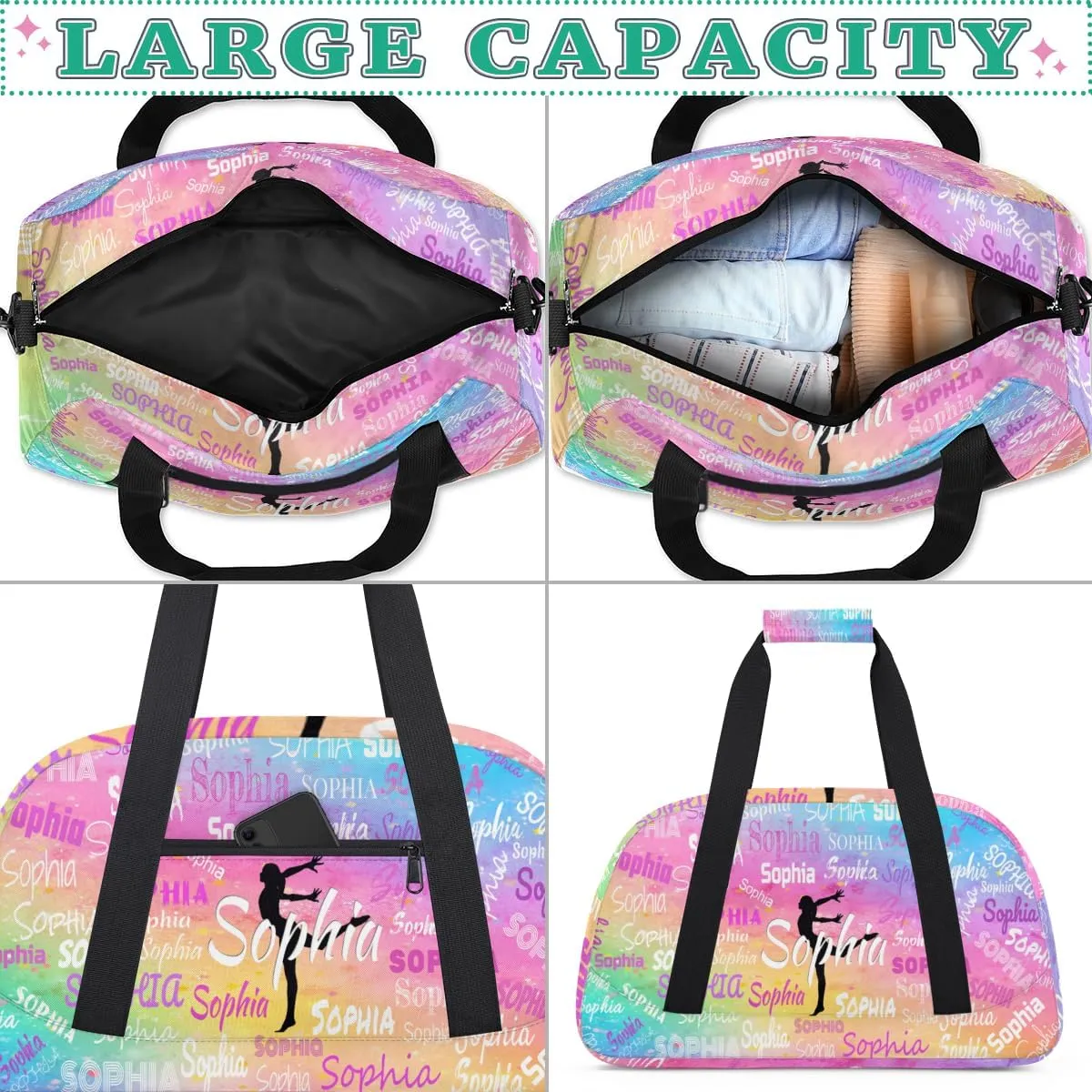 Personalized Gymnastics Bag for Girls with Name, Custom Carry On Weekender Gymnastics Dance Bag for Women Travel Business Trip, Painted Colorful Rainbow Abstract Art Background