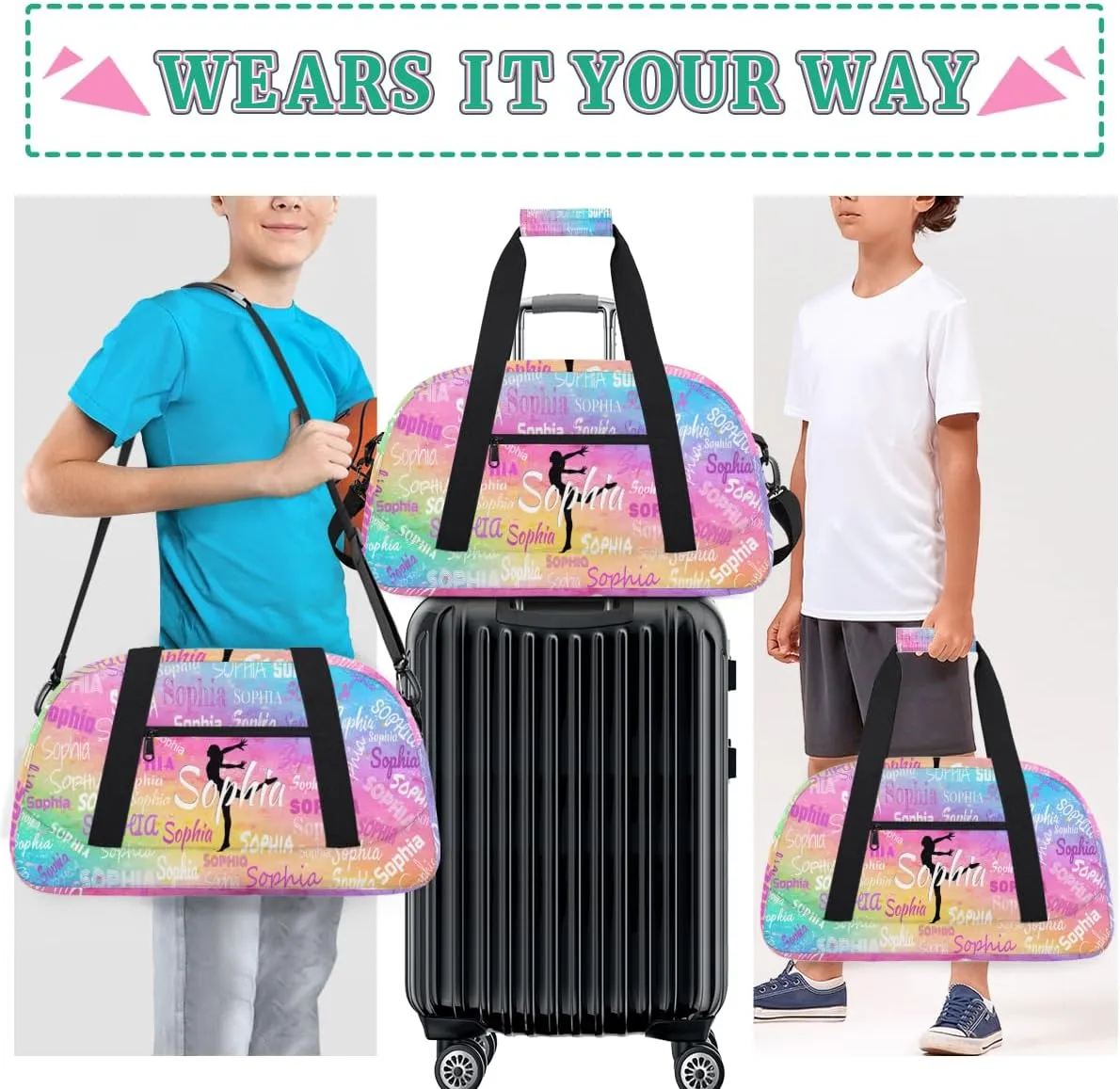 Personalized Gymnastics Bag for Girls with Name, Custom Carry On Weekender Gymnastics Dance Bag for Women Travel Business Trip, Painted Colorful Rainbow Abstract Art Background