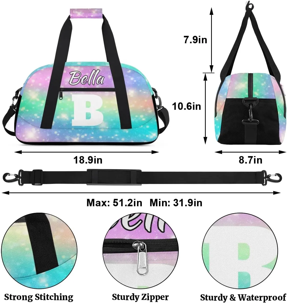 Personalized Initial Travel Duffel Bag for Women Men, Custom Name Workout Sports Tote Gym Bag Weekender Overnight Carry On Bag, Watercolor Glitter