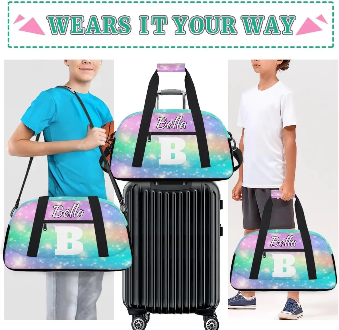 Personalized Initial Travel Duffel Bag for Women Men, Custom Name Workout Sports Tote Gym Bag Weekender Overnight Carry On Bag, Watercolor Glitter