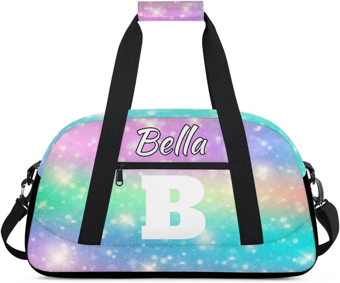 Personalized Initial Travel Duffel Bag for Women Men, Custom Name Workout Sports Tote Gym Bag Weekender Overnight Carry On Bag, Watercolor Glitter