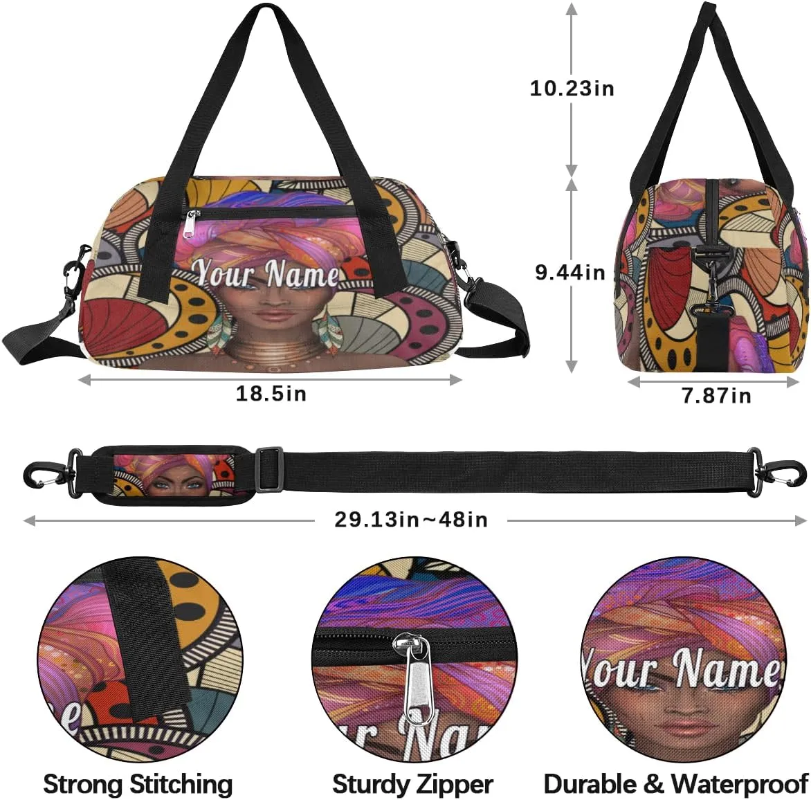 Personalized Kids Duffel Bag African Afro Woman,Custom Sport Gym Bag for Boys Girls,WWeekender Overnight Bags Travel Duffel Bag,Customized Kids Gift