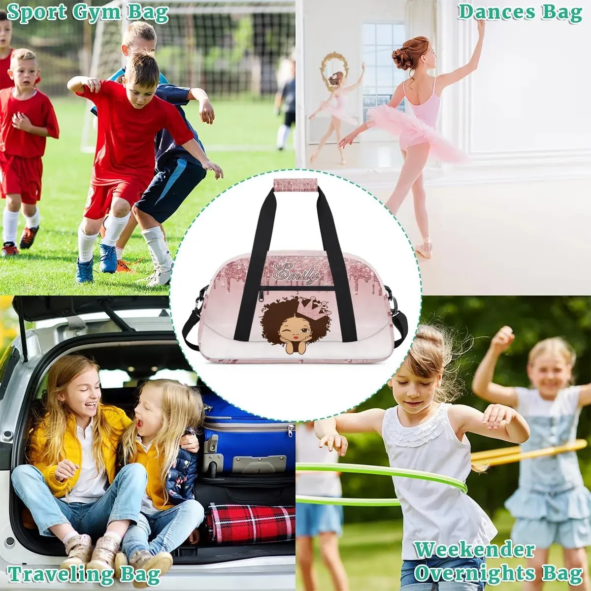 Personalized Kids Duffel Bag Afro Girl,Custom Sport Gym Bag for Boys Girls,Weekender Overnight Bags Travel Duffel Bag,Customized Kids Gift Pink Glitter