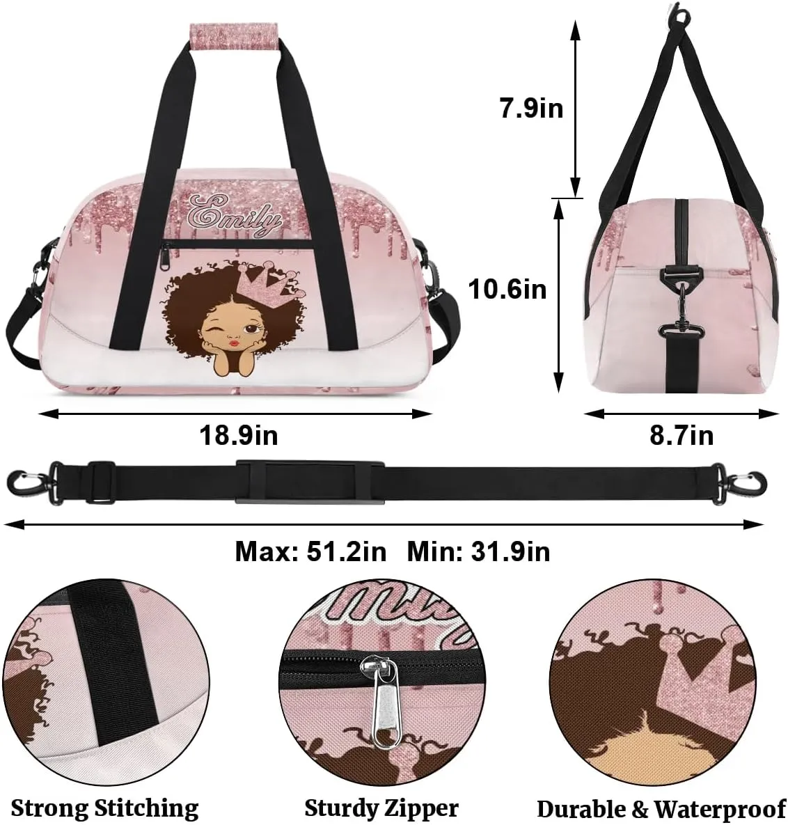 Personalized Kids Duffel Bag Afro Girl,Custom Sport Gym Bag for Boys Girls,Weekender Overnight Bags Travel Duffel Bag,Customized Kids Gift Pink Glitter