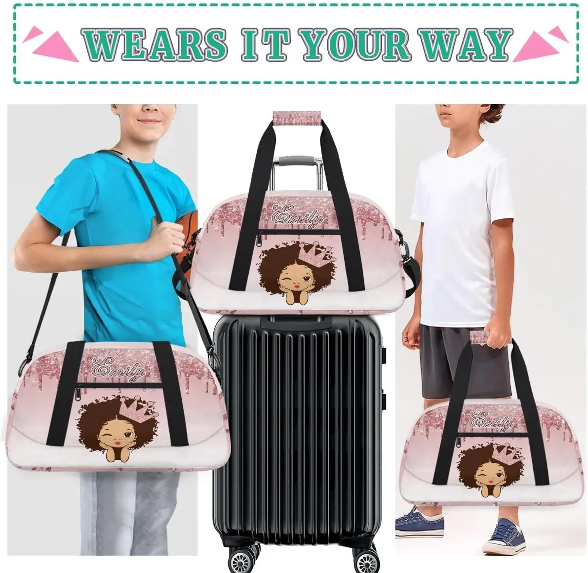 Personalized Kids Duffel Bag Afro Girl,Custom Sport Gym Bag for Boys Girls,Weekender Overnight Bags Travel Duffel Bag,Customized Kids Gift Pink Glitter