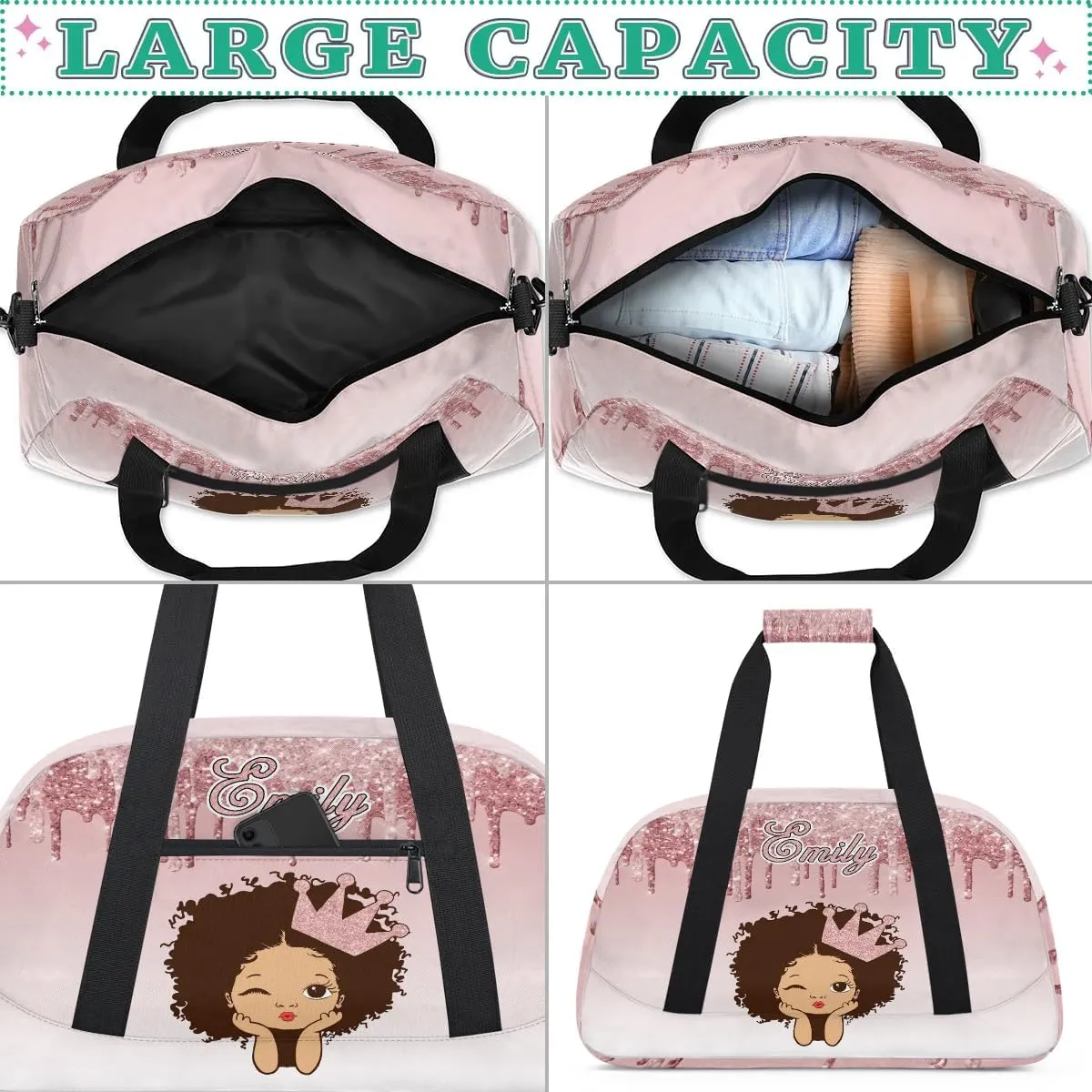 Personalized Kids Duffel Bag Afro Girl,Custom Sport Gym Bag for Boys Girls,Weekender Overnight Bags Travel Duffel Bag,Customized Kids Gift Pink Glitter