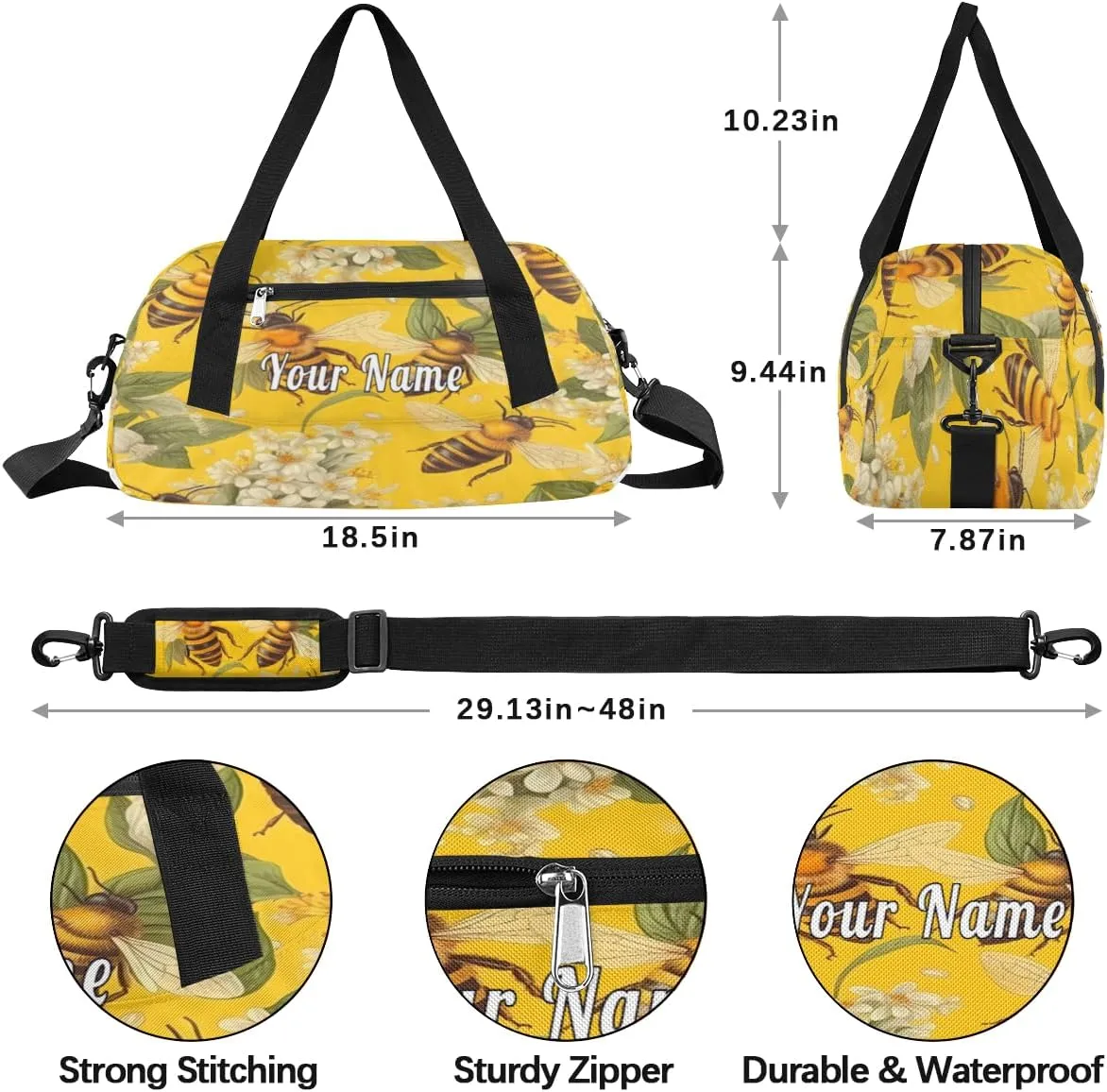 Personalized Kids Duffel Bag Animal Bee Flower,Custom Sport Gym Bag for Boys Girls,WWeekender Overnight Bags Travel Duffel Bag,Customized Kids Gift