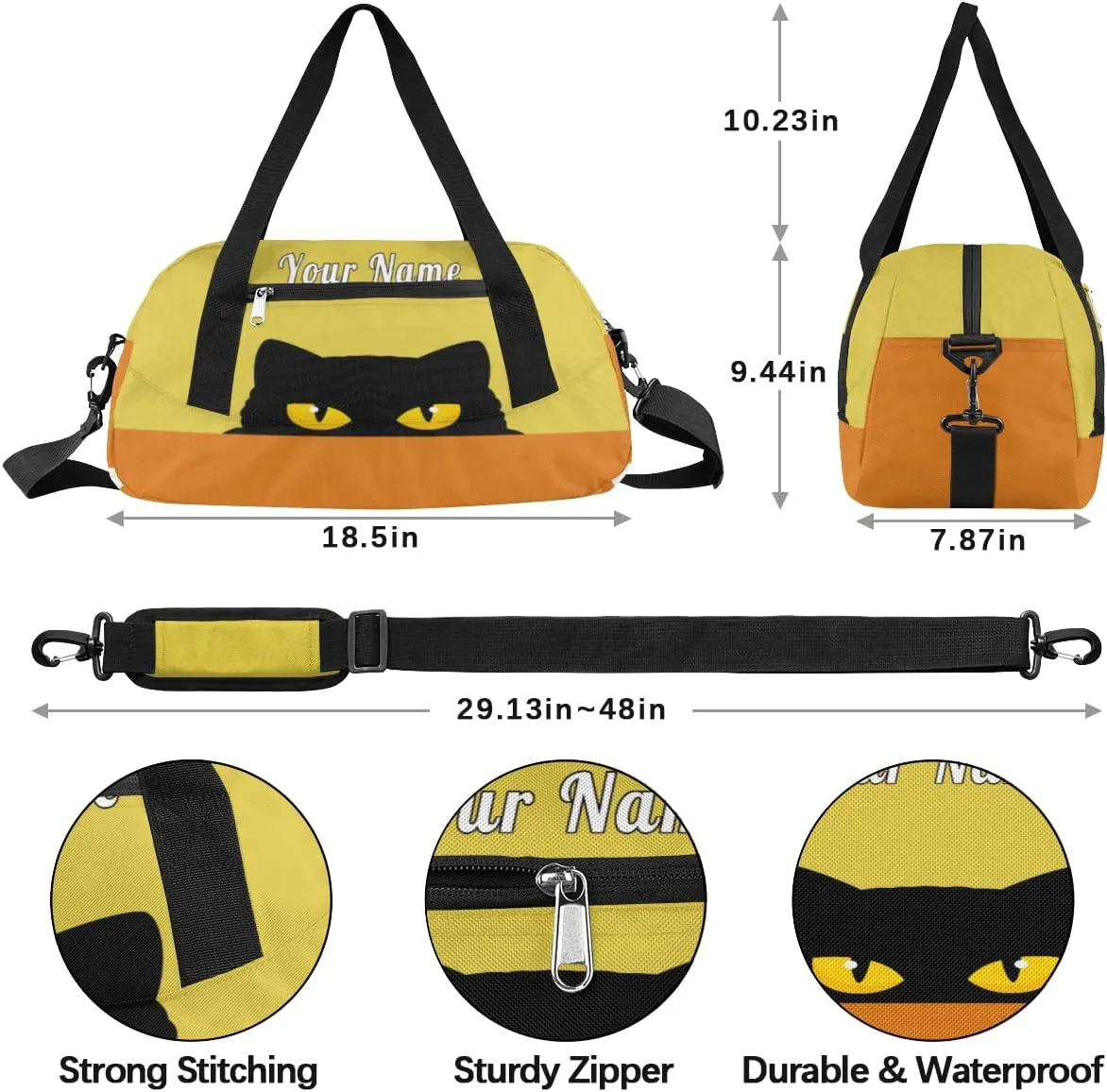 Personalized Kids Duffel Bag Cute Black Cat,Custom Sport Gym Bag for Boys Girls,WWeekender Overnight Bags Travel Duffel Bag,Customized Kids Gift