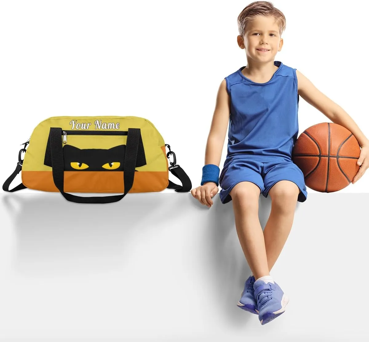 Personalized Kids Duffel Bag Cute Black Cat,Custom Sport Gym Bag for Boys Girls,WWeekender Overnight Bags Travel Duffel Bag,Customized Kids Gift