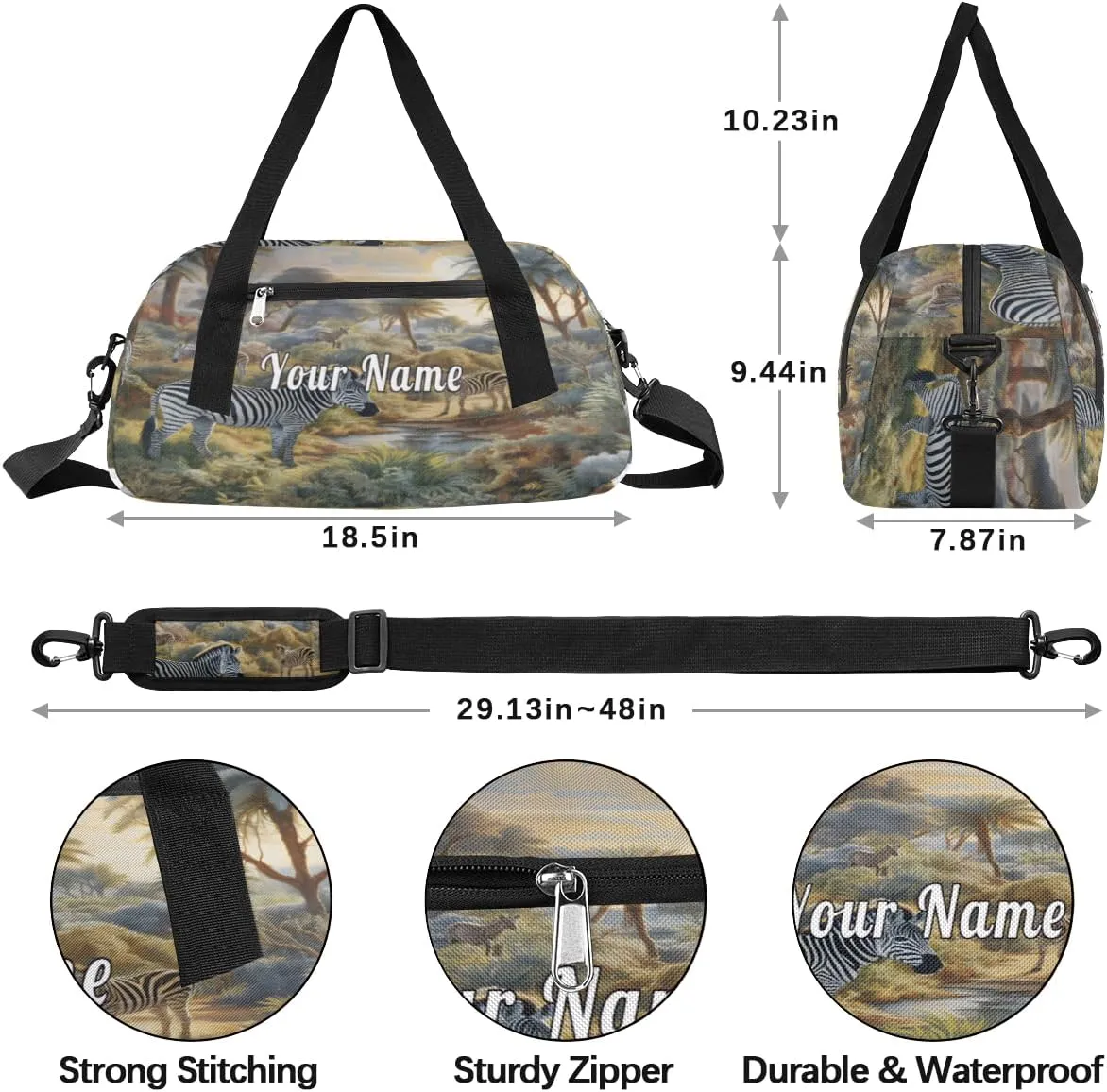 Personalized Kids Duffel Bag Forest Animal Zebra,Custom Sport Gym Bag for Boys Girls,WWeekender Overnight Bags Travel Duffel Bag,Customized Kids Gift