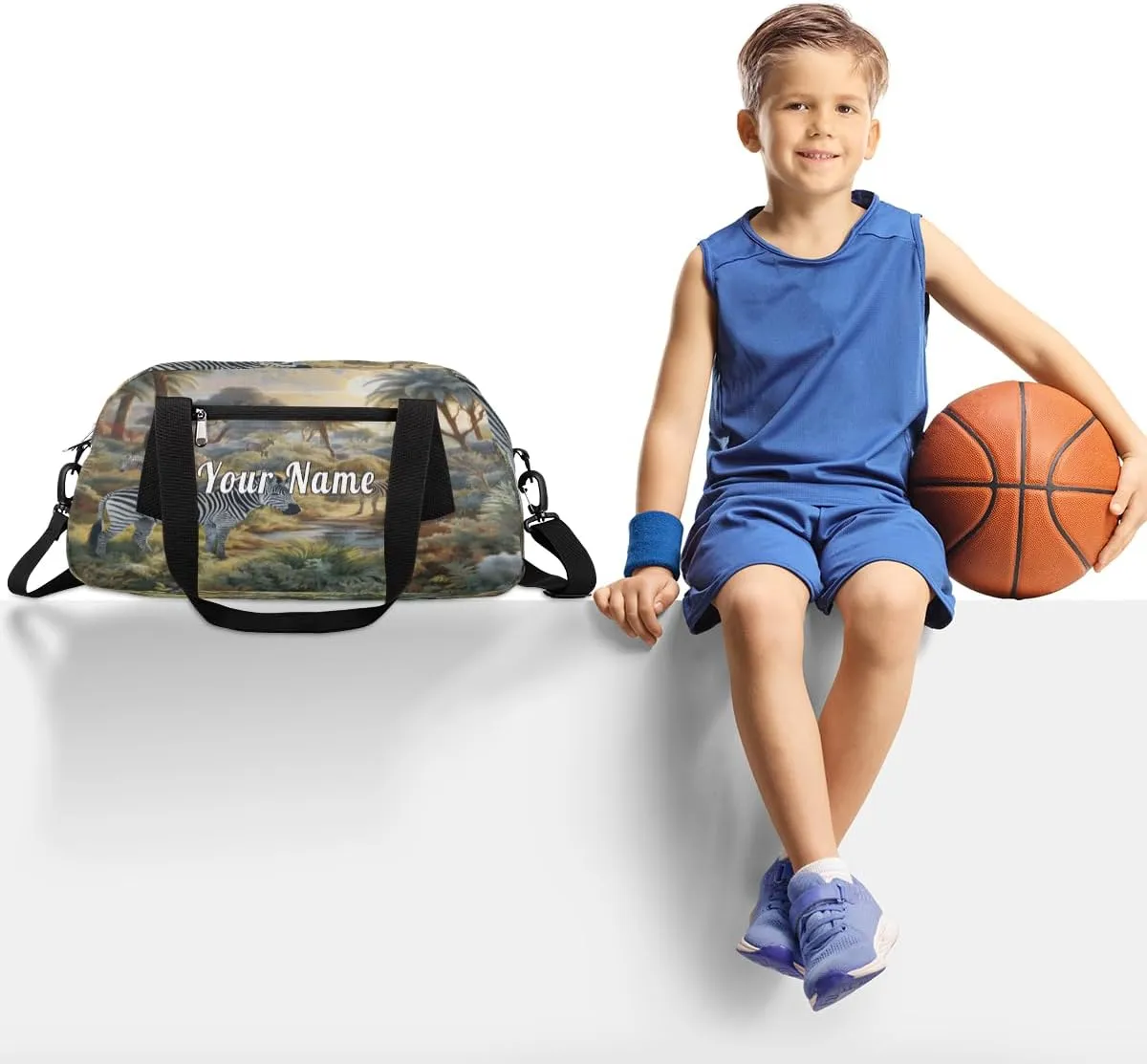Personalized Kids Duffel Bag Forest Animal Zebra,Custom Sport Gym Bag for Boys Girls,WWeekender Overnight Bags Travel Duffel Bag,Customized Kids Gift