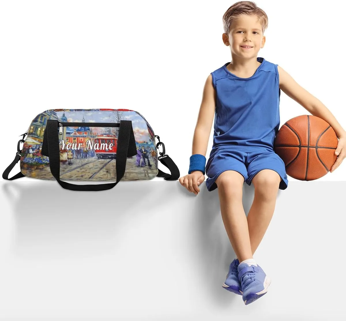 Personalized Kids Duffel Bag London City Landcape,Custom Sport Gym Bag for Boys Girls,WWeekender Overnight Bags Travel Duffel Bag,Customized Kids Gift