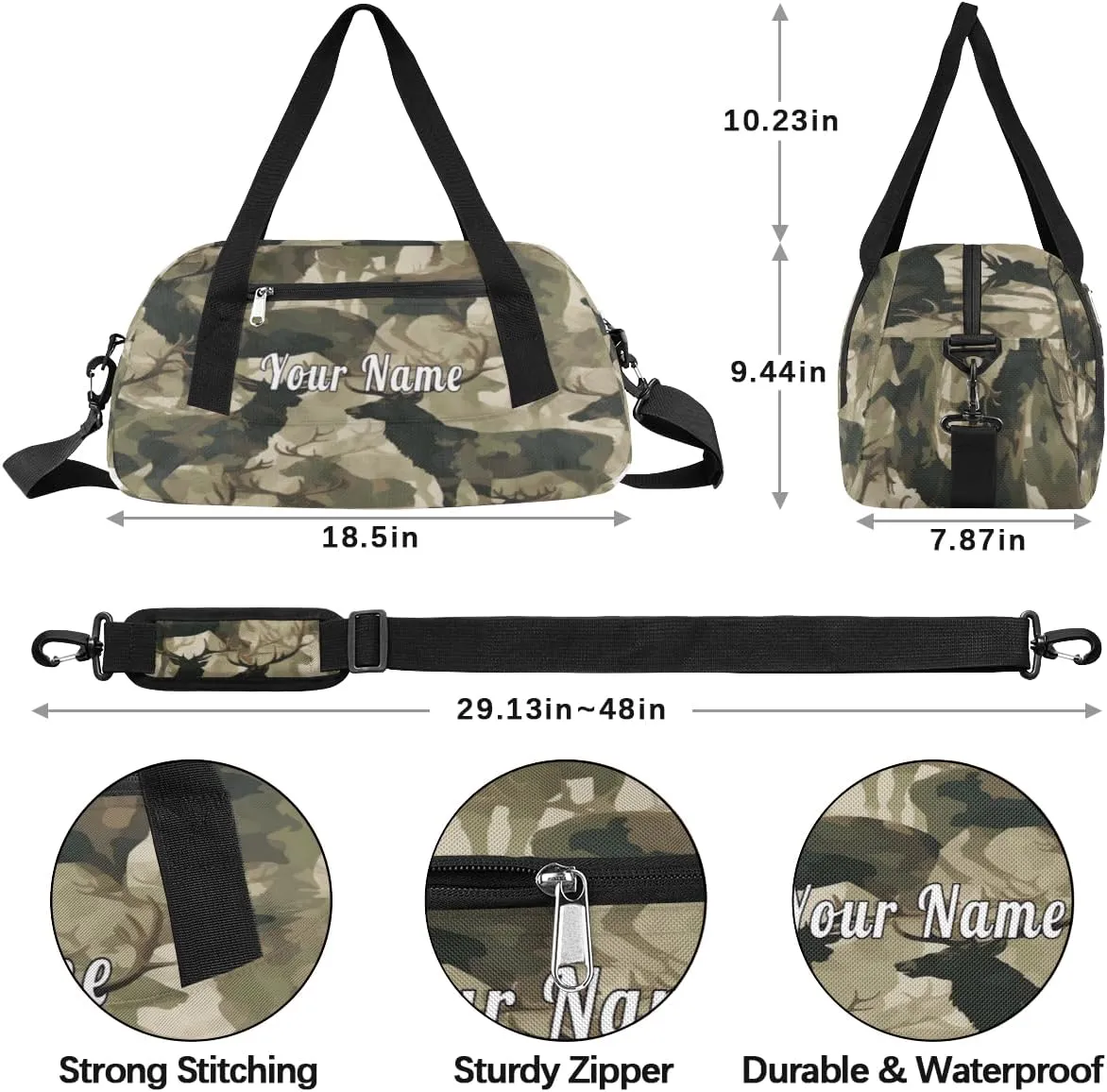Personalized Kids Duffel Bag Military Camo Camouflage Deer,Custom Sport Gym Bag for Boys Girls,WWeekender Overnight Bags Travel Duffel Bag,Customized Kids Gift
