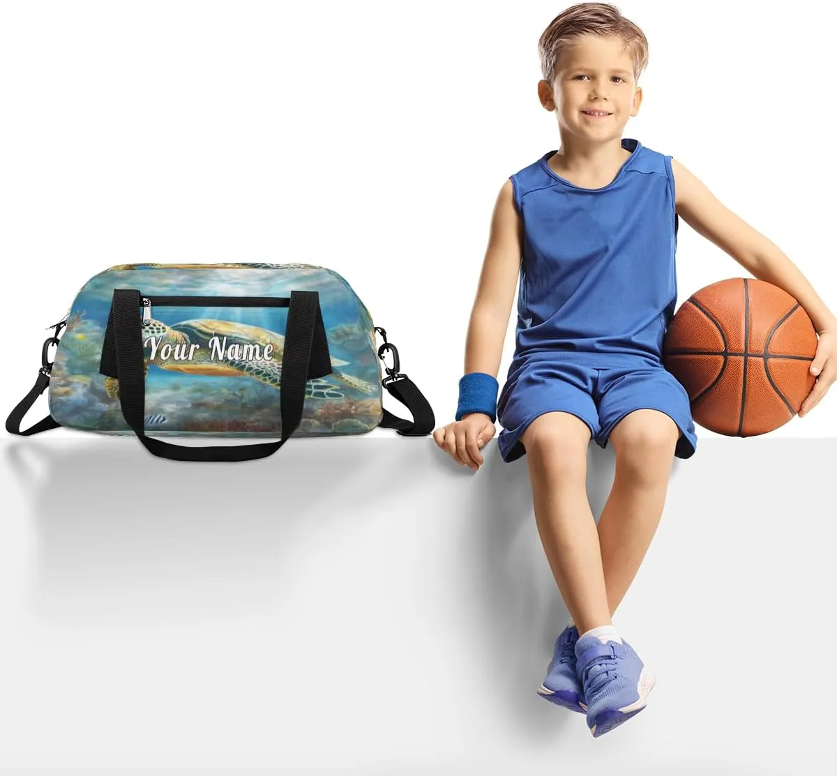 Personalized Kids Duffel Bag Ocean Sea Turtle,Custom Sport Gym Bag for Boys Girls,WWeekender Overnight Bags Travel Duffel Bag,Customized Kids Gift
