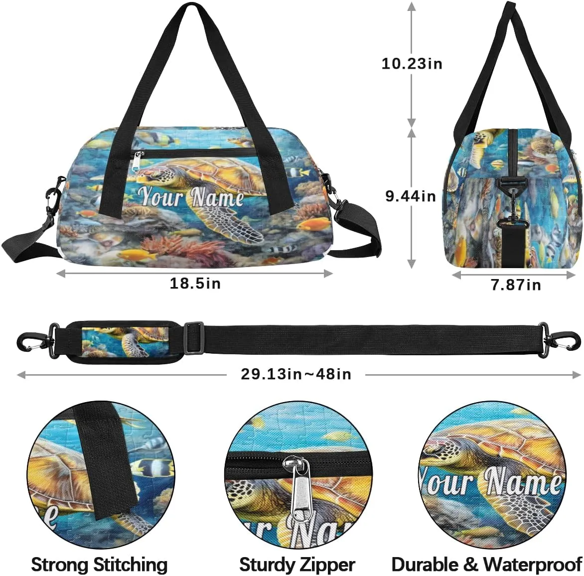 Personalized Kids Duffel Bag Sea Turtle Tropical Fish,Custom Sport Gym Bag for Boys Girls,WWeekender Overnight Bags Travel Duffel Bag,Customized Kids Gift