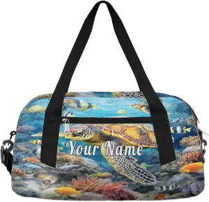 Personalized Kids Duffel Bag Sea Turtle Tropical Fish,Custom Sport Gym Bag for Boys Girls,WWeekender Overnight Bags Travel Duffel Bag,Customized Kids Gift