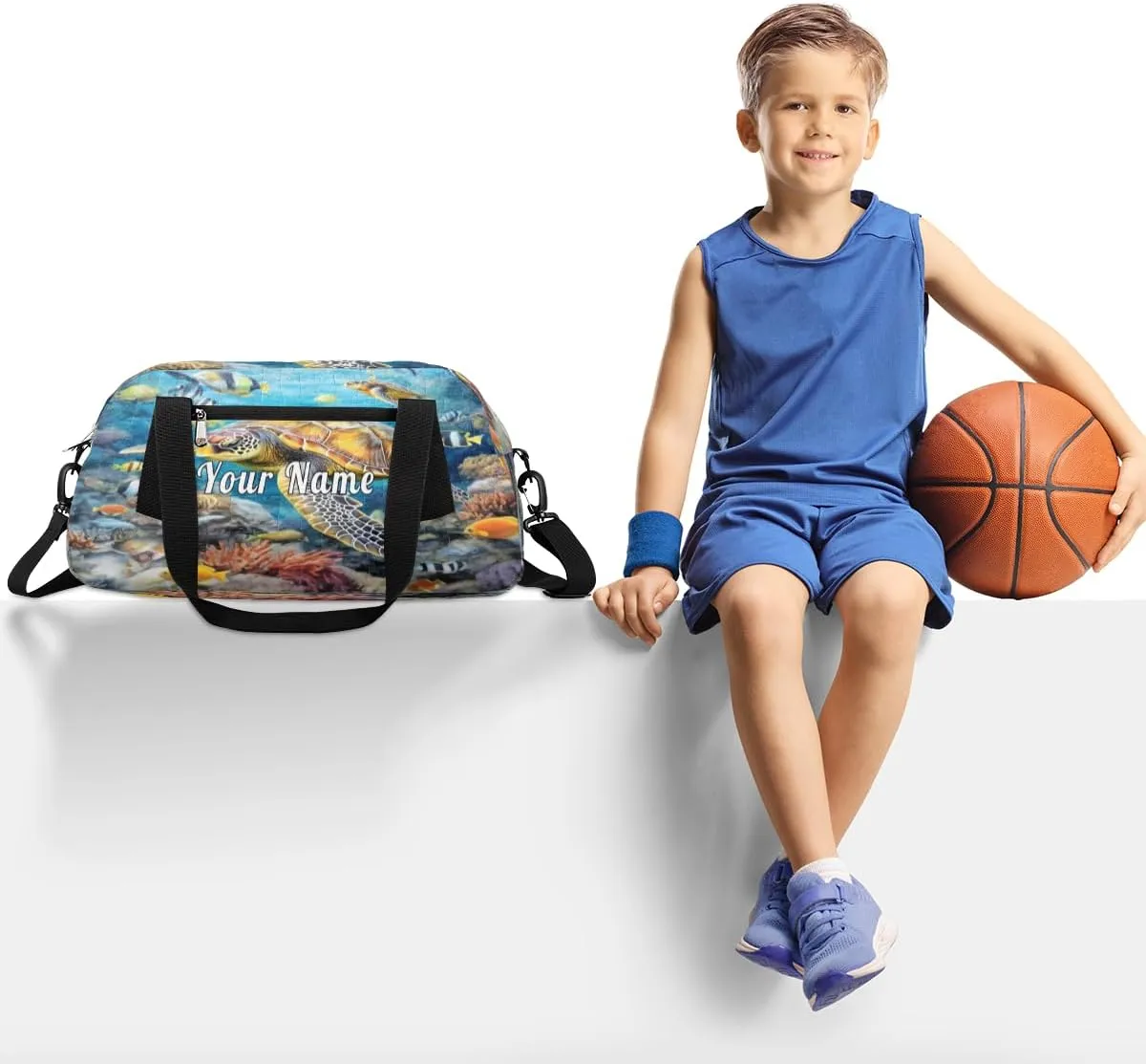 Personalized Kids Duffel Bag Sea Turtle Tropical Fish,Custom Sport Gym Bag for Boys Girls,WWeekender Overnight Bags Travel Duffel Bag,Customized Kids Gift