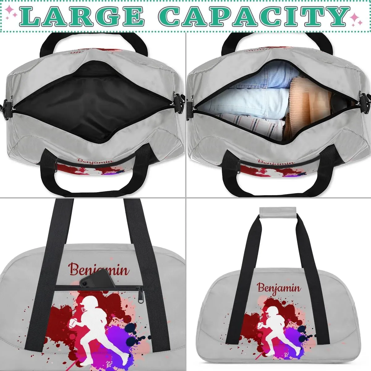 Personalized Kids Duffel Bag,Custom Sport Gym Bag for Boys Girls,Weekender Overnight Bags Travel Duffel Bag,Customized Kids Gift American Football Ball