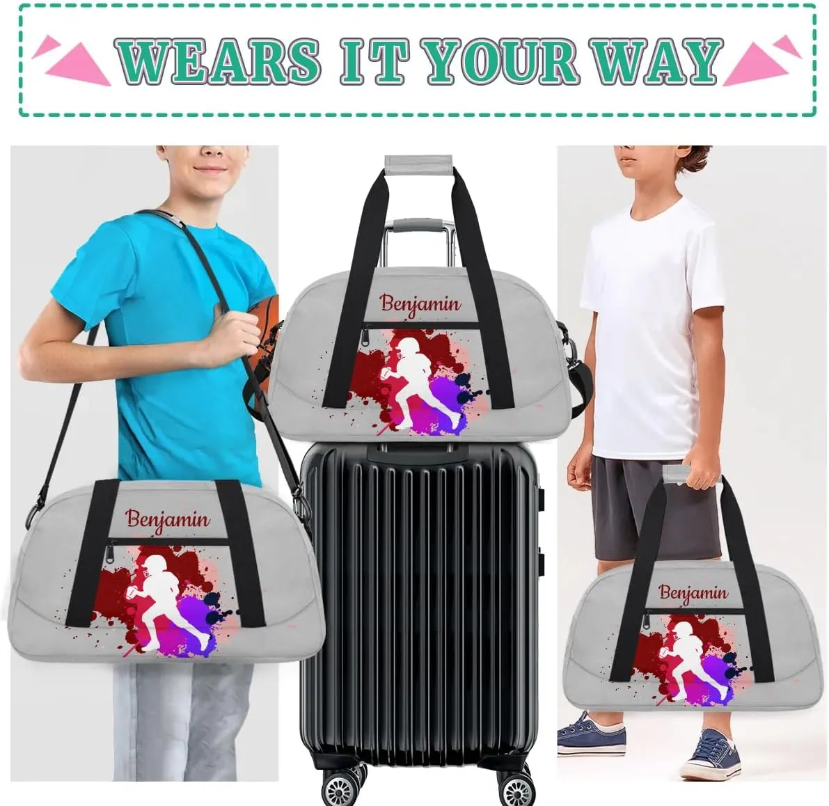 Personalized Kids Duffel Bag,Custom Sport Gym Bag for Boys Girls,Weekender Overnight Bags Travel Duffel Bag,Customized Kids Gift American Football Ball