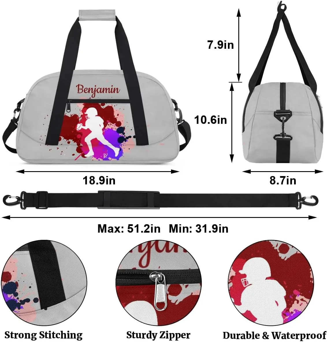 Personalized Kids Duffel Bag,Custom Sport Gym Bag for Boys Girls,Weekender Overnight Bags Travel Duffel Bag,Customized Kids Gift American Football Ball