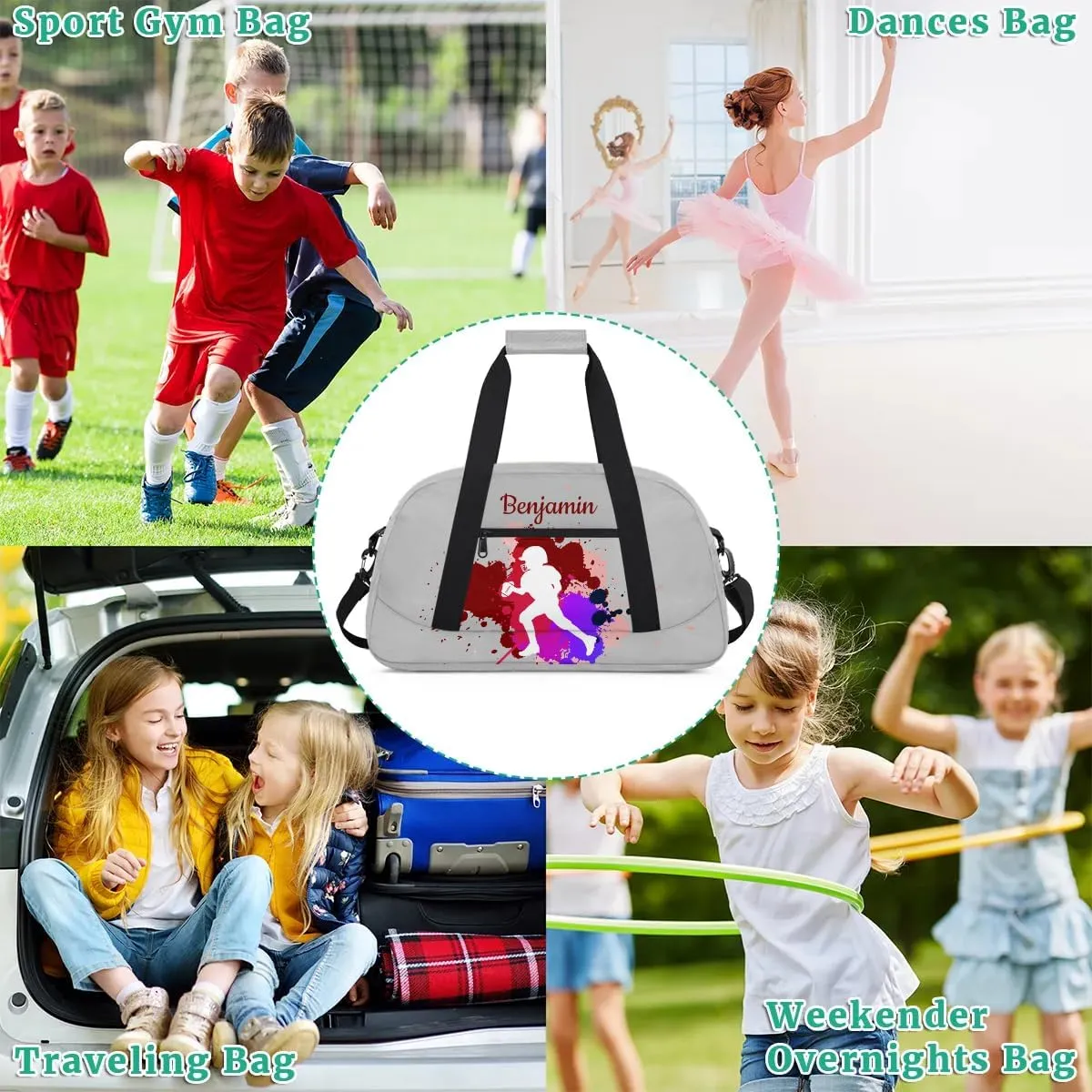 Personalized Kids Duffel Bag,Custom Sport Gym Bag for Boys Girls,Weekender Overnight Bags Travel Duffel Bag,Customized Kids Gift American Football Ball