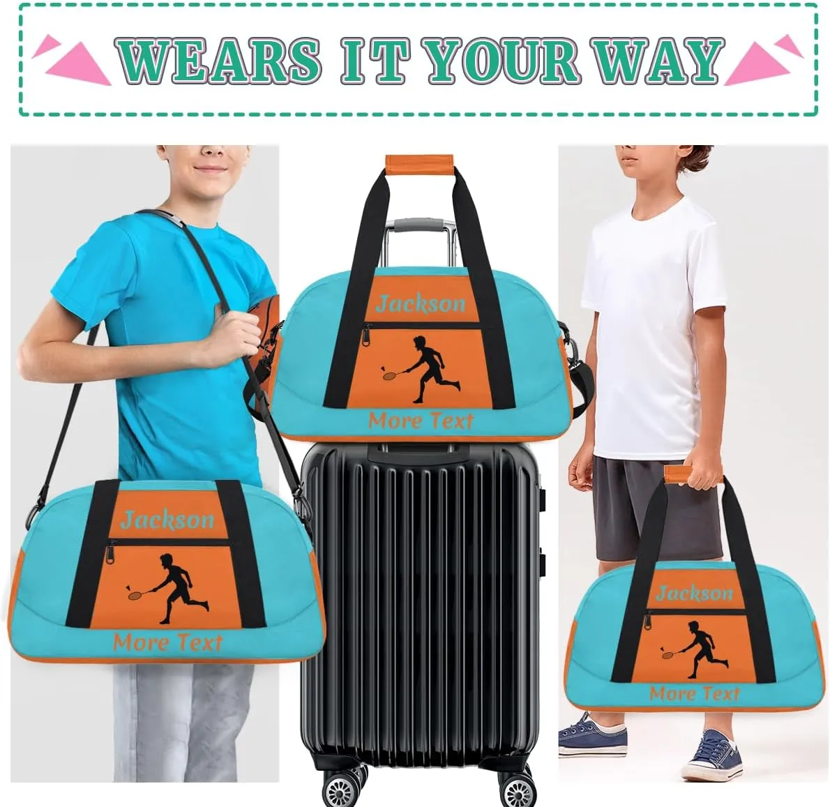 Personalized Kids Duffle Bag for Boys, Custom Sport Gym Bag with Name, Fit School Practice, or Overnight Weekender Travel Cyan Badminton
