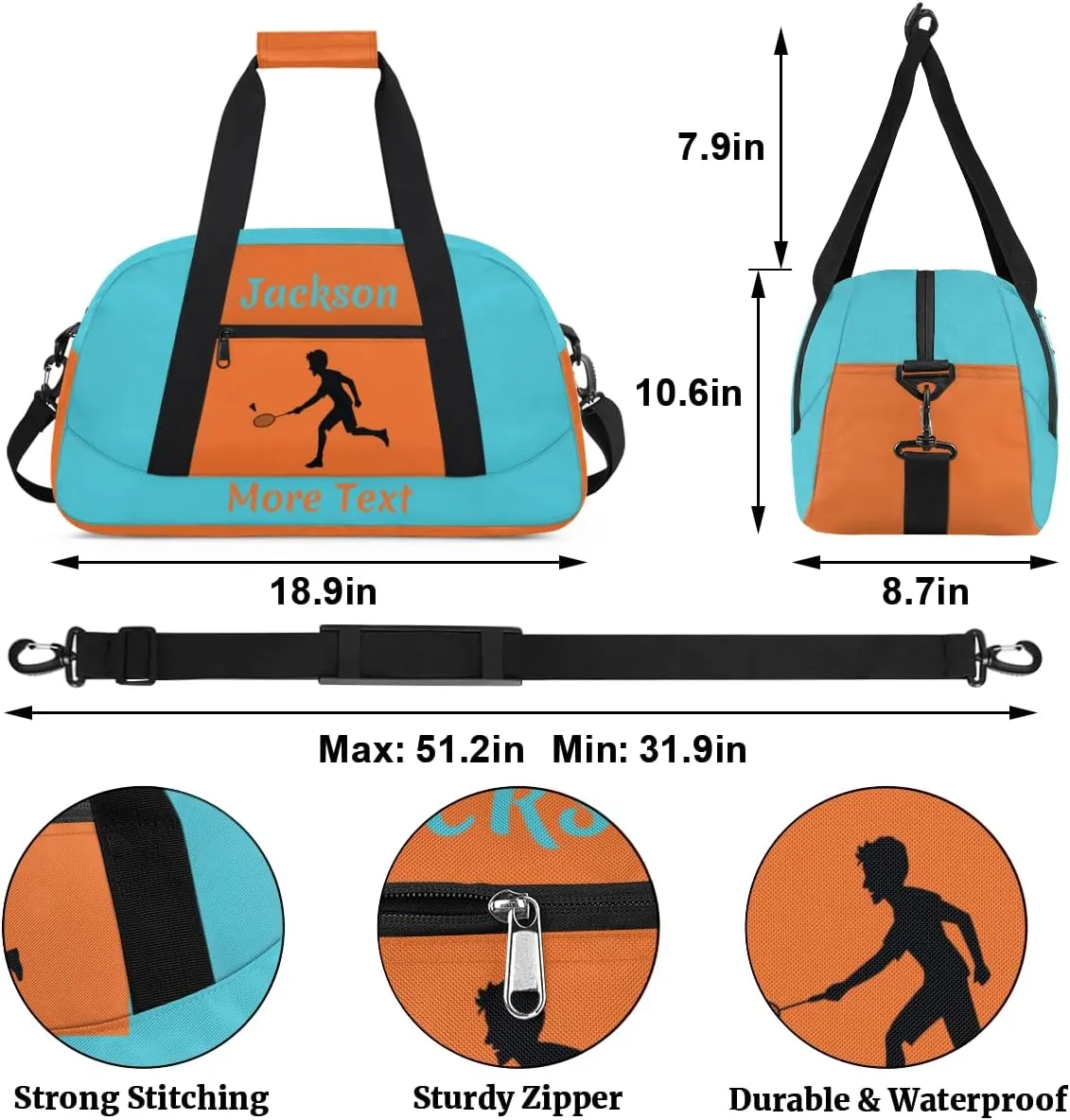 Personalized Kids Duffle Bag for Boys, Custom Sport Gym Bag with Name, Fit School Practice, or Overnight Weekender Travel Cyan Badminton