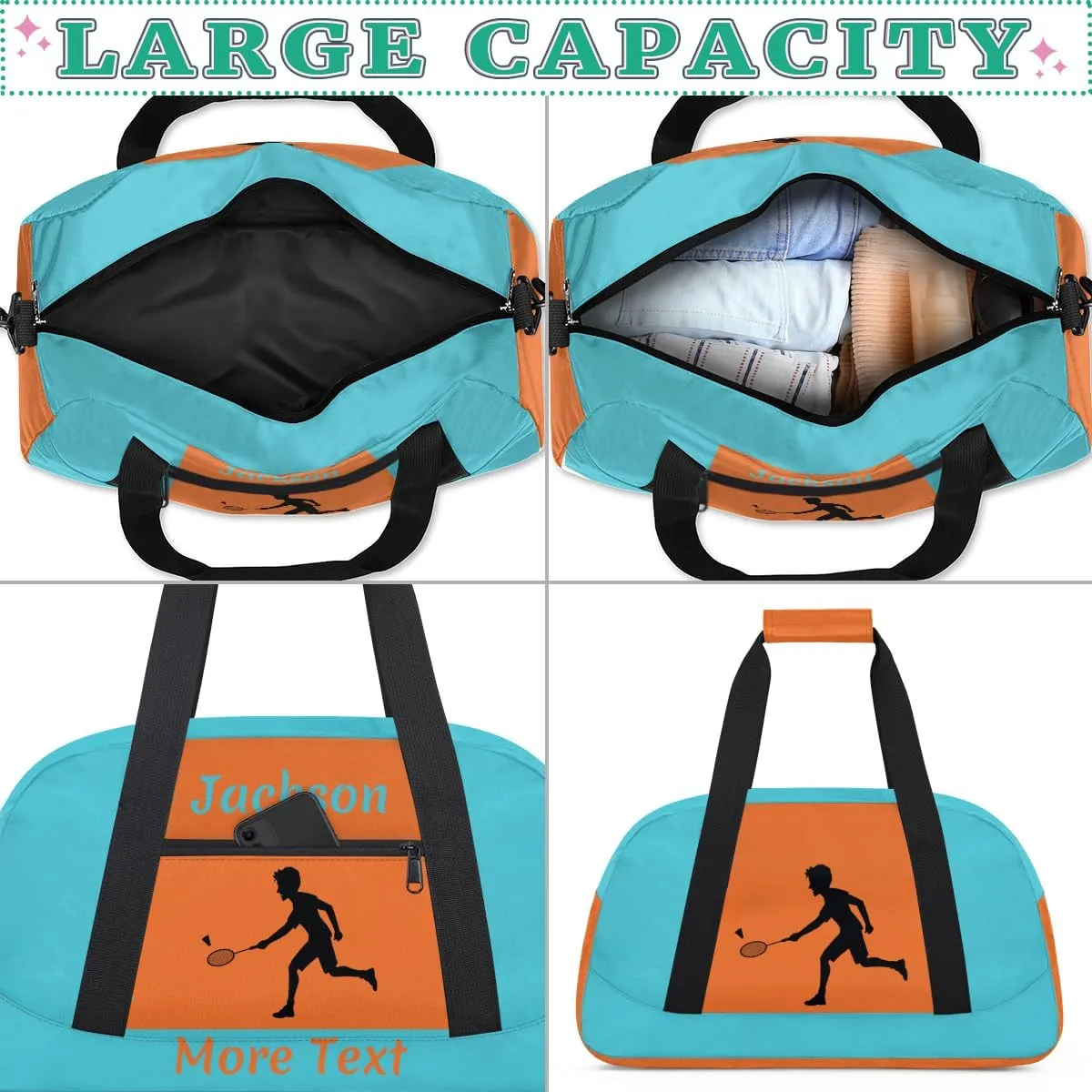 Personalized Kids Duffle Bag for Boys, Custom Sport Gym Bag with Name, Fit School Practice, or Overnight Weekender Travel Cyan Badminton