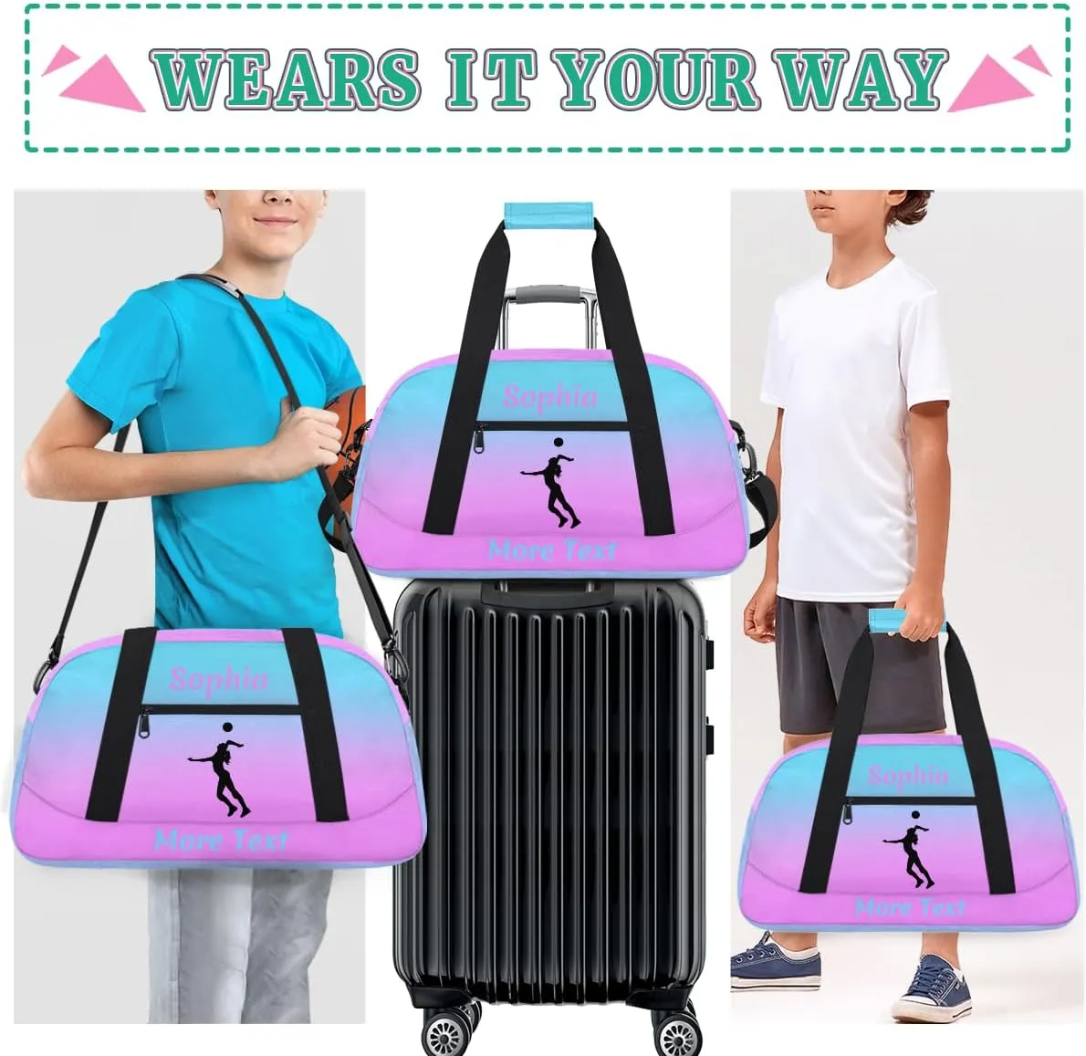 Personalized Kids Duffle Bag for Girls, Custom Sport Gym Bag with Name, Fit School Practice, or Overnight Weekender Travel Pink Volleyball