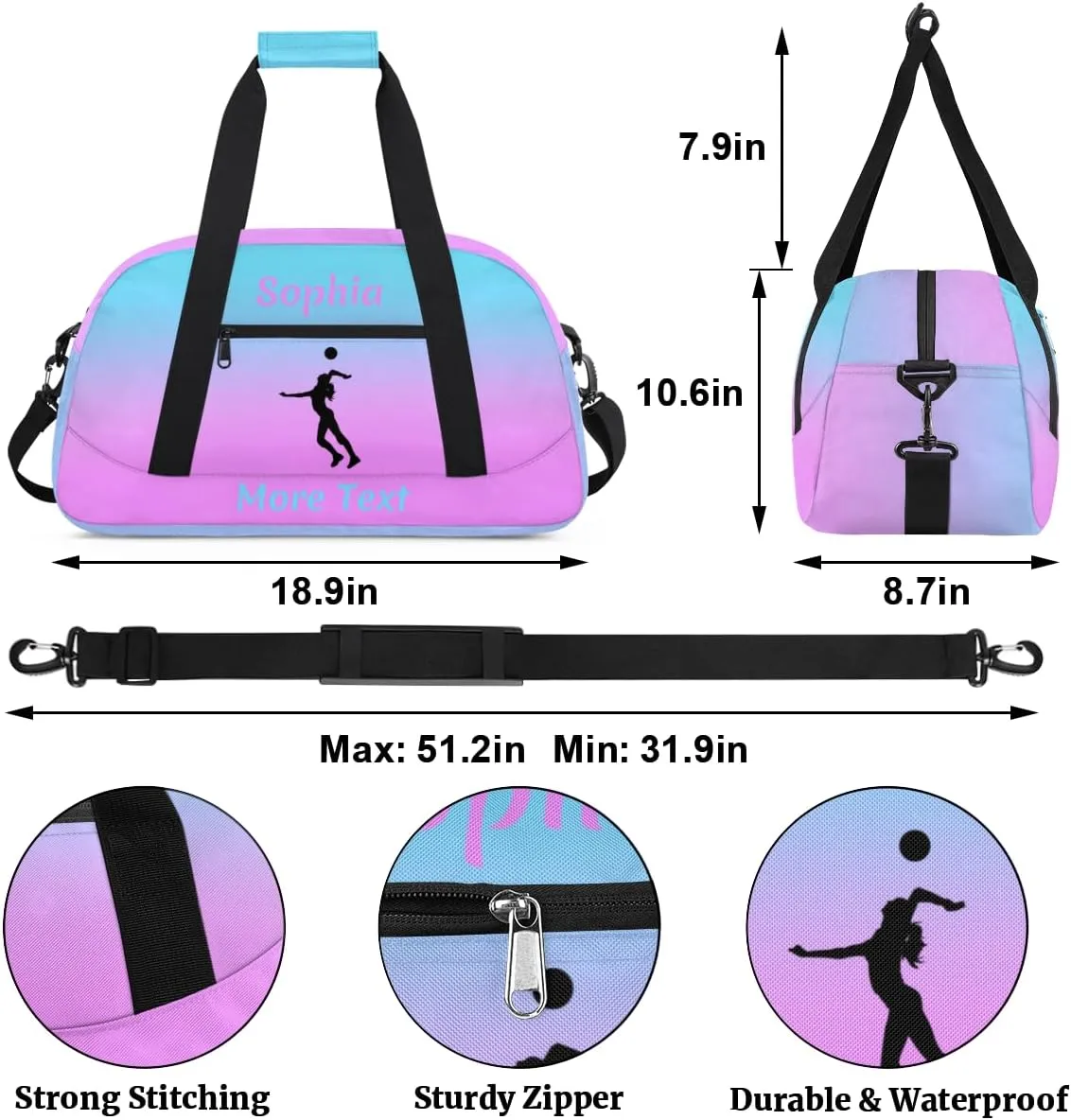 Personalized Kids Duffle Bag for Girls, Custom Sport Gym Bag with Name, Fit School Practice, or Overnight Weekender Travel Pink Volleyball