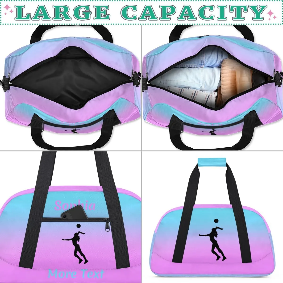 Personalized Kids Duffle Bag for Girls, Custom Sport Gym Bag with Name, Fit School Practice, or Overnight Weekender Travel Pink Volleyball