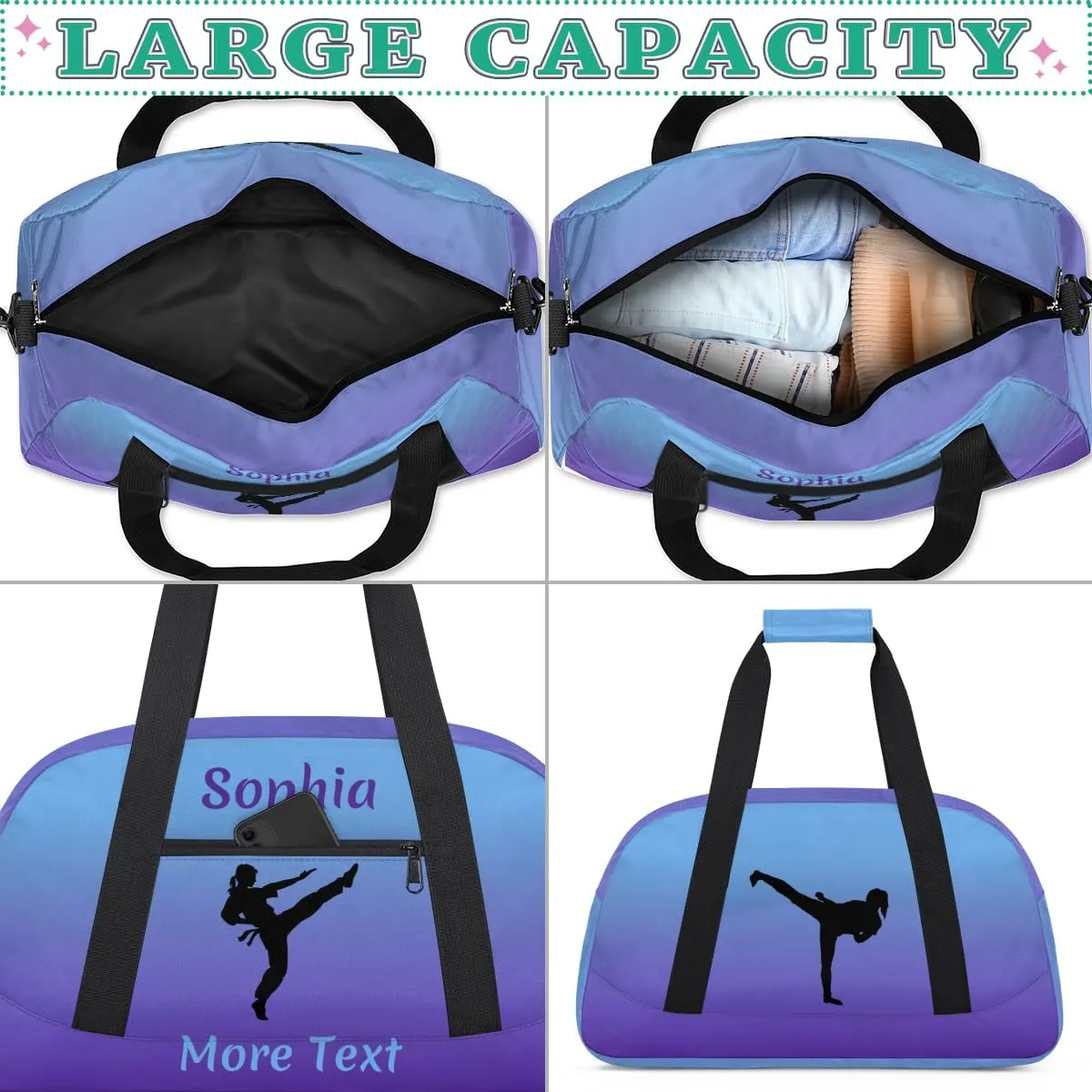 Personalized Kids Gym Bag for Girls Custom Name Sports Duffel Bag Weekender Overnight Travel Bags Purple Martial Arts Gifts