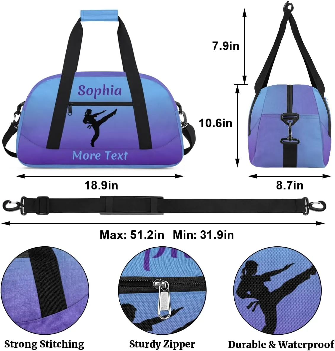 Personalized Kids Gym Bag for Girls Custom Name Sports Duffel Bag Weekender Overnight Travel Bags Purple Martial Arts Gifts