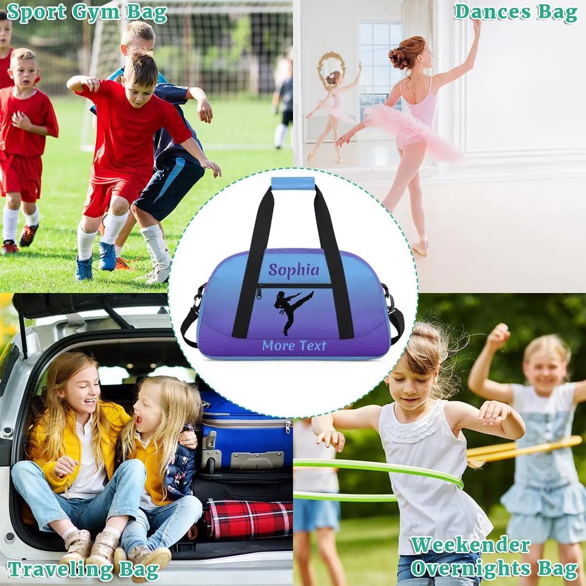 Personalized Kids Gym Bag for Girls Custom Name Sports Duffel Bag Weekender Overnight Travel Bags Purple Martial Arts Gifts