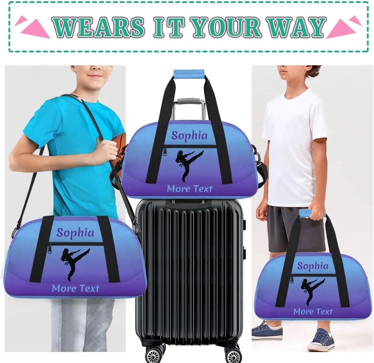Personalized Kids Gym Bag for Girls Custom Name Sports Duffel Bag Weekender Overnight Travel Bags Purple Martial Arts Gifts