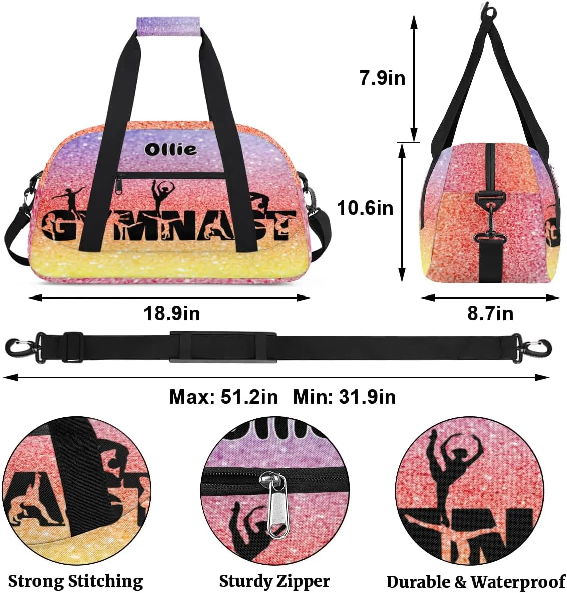 Personalized Kids Gym Dance Bag, Custom Sport Duffel Bag Large Compartment Cheerleaders Dance Bag Weekender Bags Travel Bag for Girl, Yellow Pink Purple Glitters