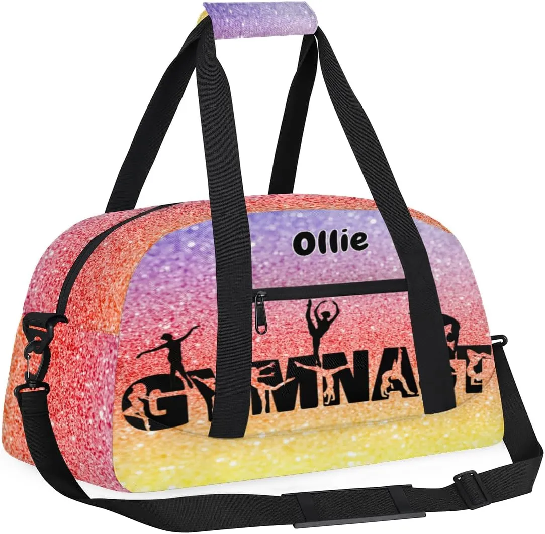 Personalized Kids Gym Dance Bag, Custom Sport Duffel Bag Large Compartment Cheerleaders Dance Bag Weekender Bags Travel Bag for Girl, Yellow Pink Purple Glitters