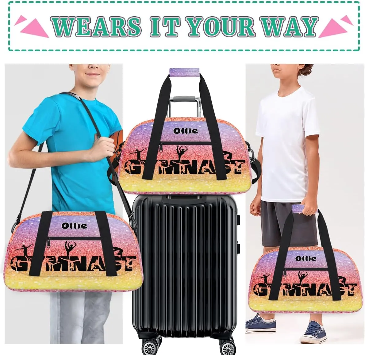Personalized Kids Gym Dance Bag, Custom Sport Duffel Bag Large Compartment Cheerleaders Dance Bag Weekender Bags Travel Bag for Girl, Yellow Pink Purple Glitters