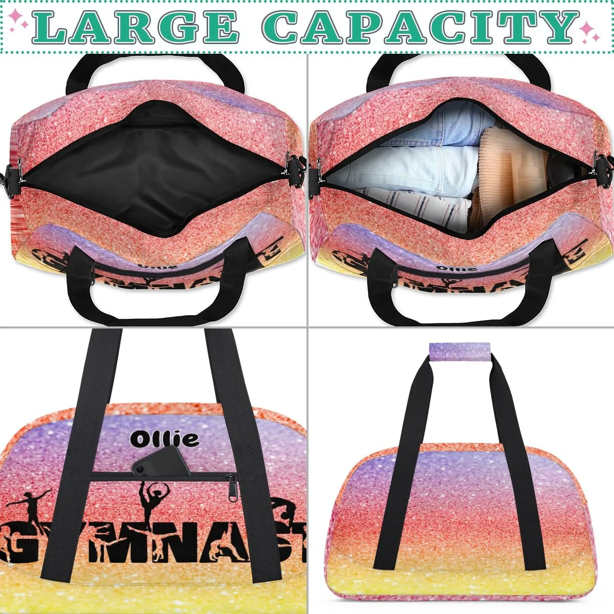 Personalized Kids Gym Dance Bag, Custom Sport Duffel Bag Large Compartment Cheerleaders Dance Bag Weekender Bags Travel Bag for Girl, Yellow Pink Purple Glitters