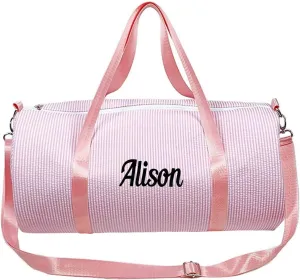 Personalized Kids Travel Duffle Bag with Custom Name‌ - Lightweight Seersucker Weekender for Toddlers Boys & Girls, Monogrammed Gym Ballet Sleepover Bag, Unique Birthday Gifts (Pink)