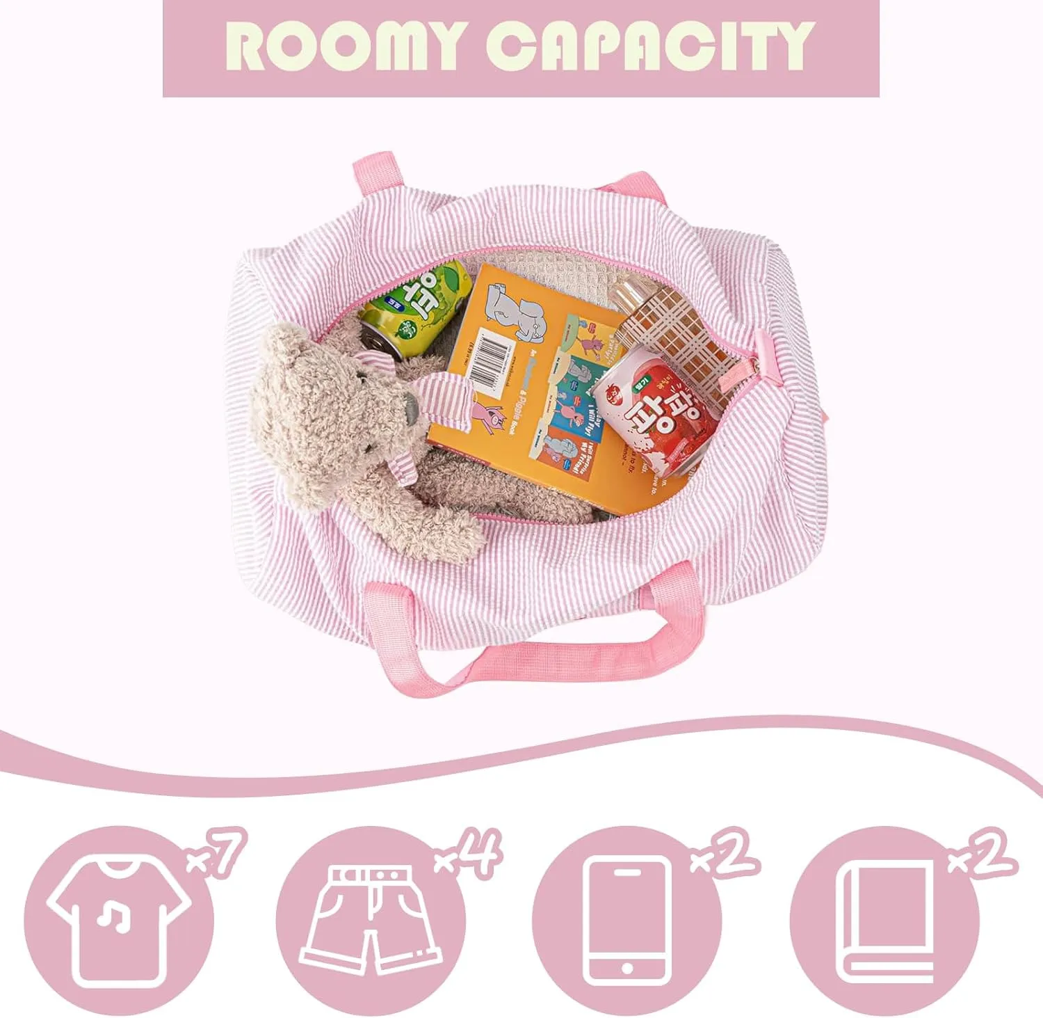 Personalized Kids Travel Duffle Bag with Custom Name‌ - Lightweight Seersucker Weekender for Toddlers Boys & Girls, Monogrammed Gym Ballet Sleepover Bag, Unique Birthday Gifts (Pink)
