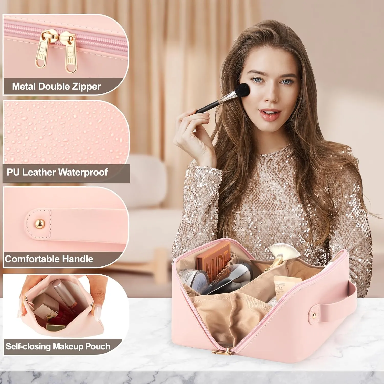 Personalized Makeup Bag - 2 Pcs Cosmetic Bags Set,Double Metal Zipper Makeup Organizer,Toiletry Bag with Divider & Handle,Travel Essentials
