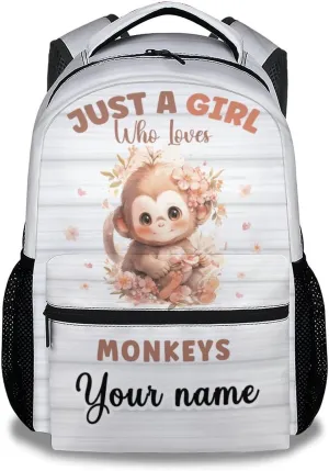 Personalized Monkey School Backpack for Kids, 16 Inch White Backpacks for Girls Boys, Cartoon, Durable, Lightweight, Large Capacity Bookbag for Travel