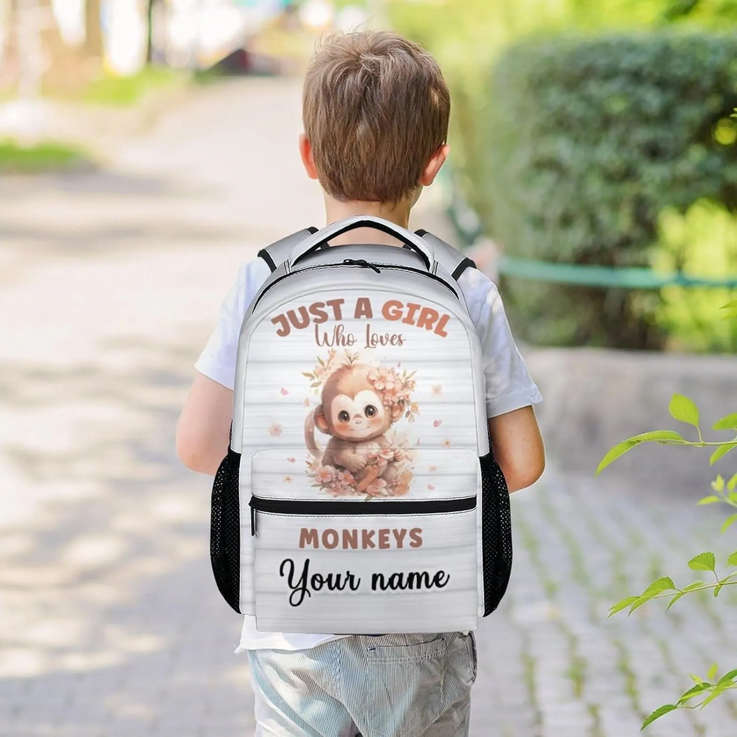 Personalized Monkey School Backpack for Kids, 16 Inch White Backpacks for Girls Boys, Cartoon, Durable, Lightweight, Large Capacity Bookbag for Travel