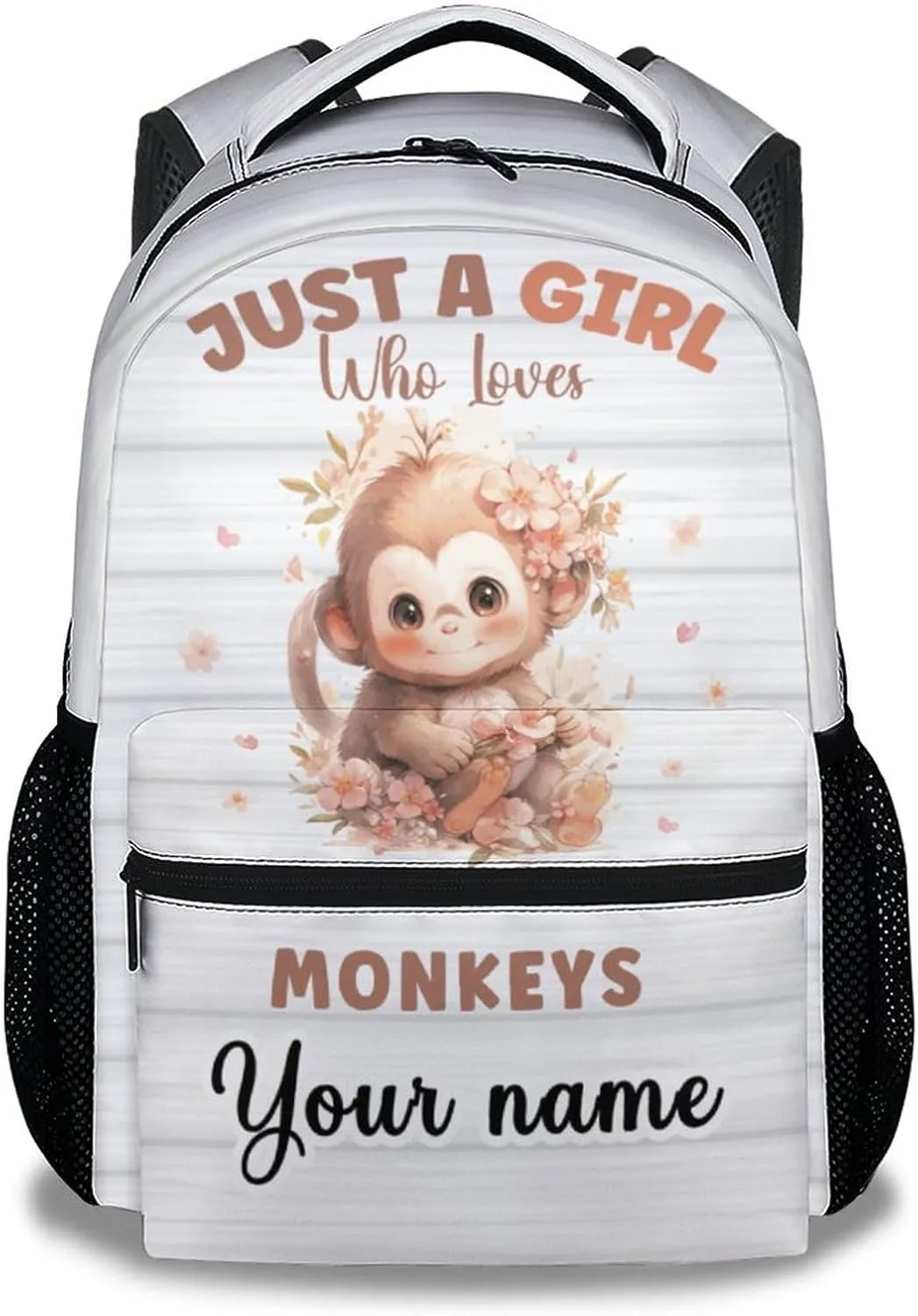 Personalized Monkey School Backpack for Kids, 16 Inch White Backpacks for Girls Boys, Cartoon, Durable, Lightweight, Large Capacity Bookbag for Travel
